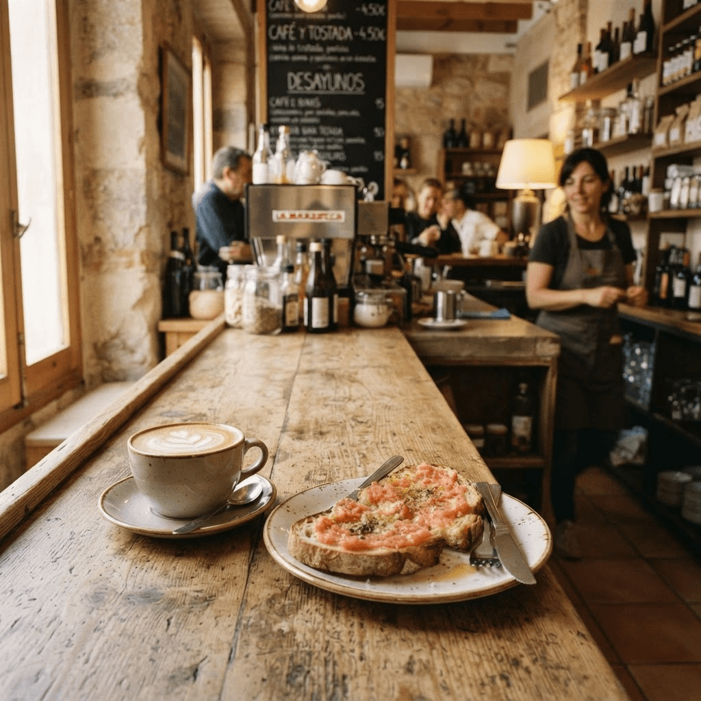 Café con leche y tostada de tomate en la barra de Bar El Refugio